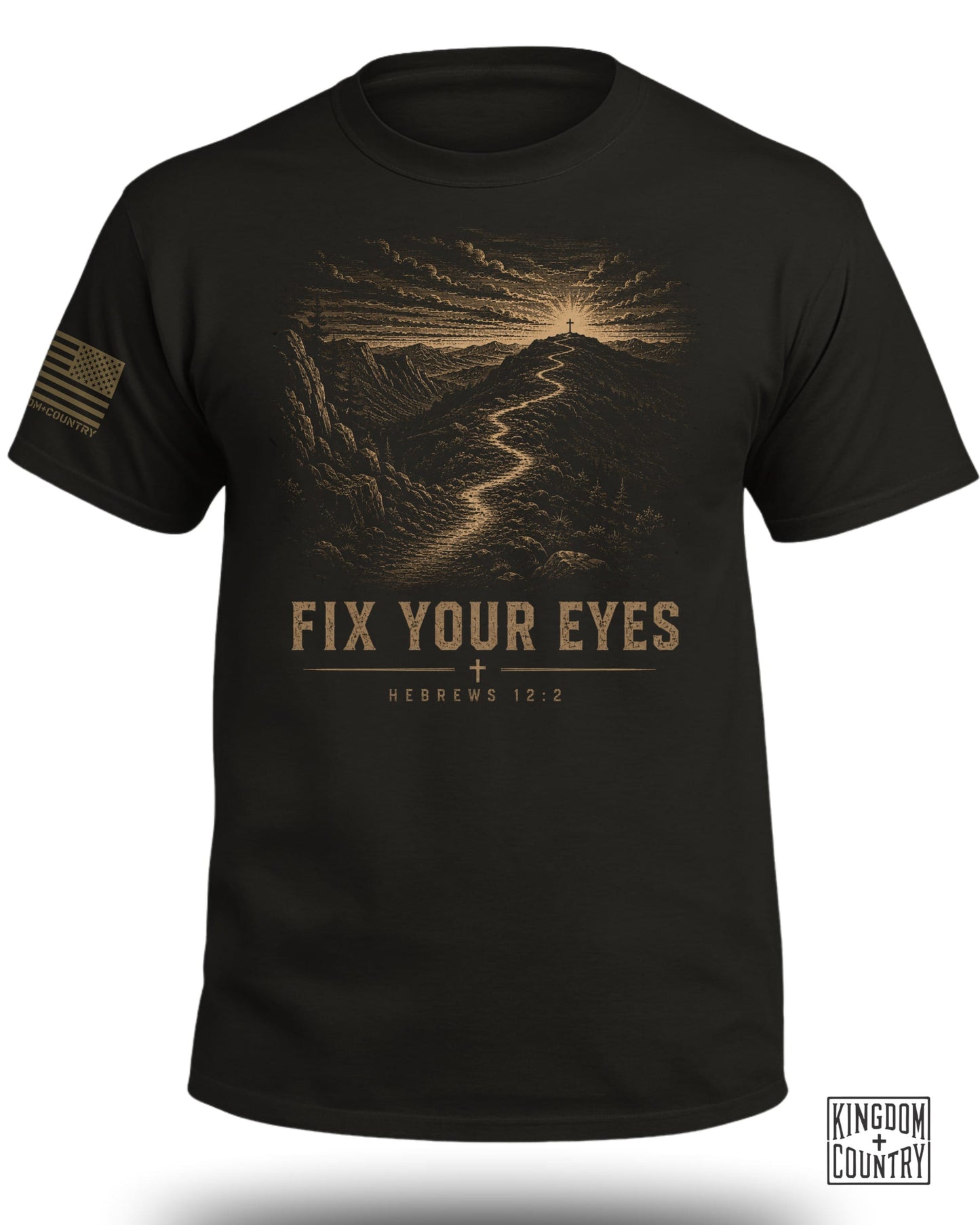 Black t-shirt with mountain path, cross, and text "FIX YOUR EYES HEBREWS 12:2".