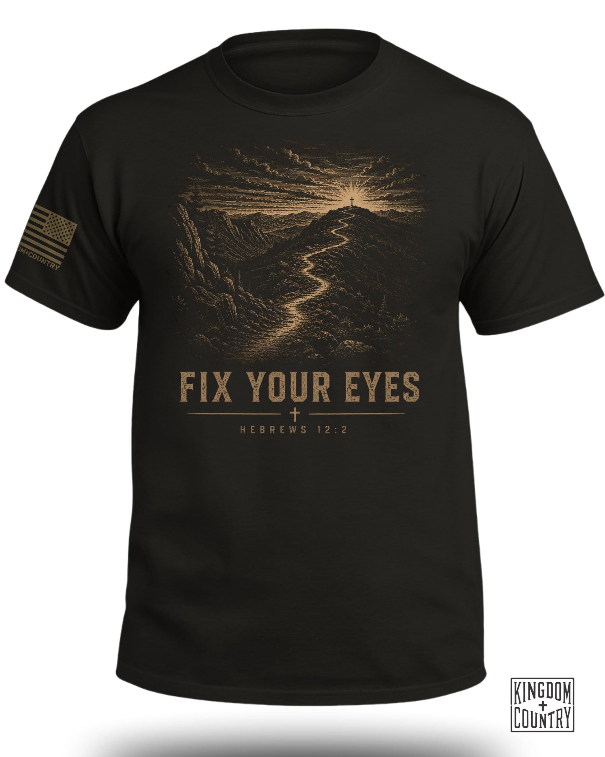 Black t-shirt with mountain path, cross, and text "FIX YOUR EYES HEBREWS 12:2".