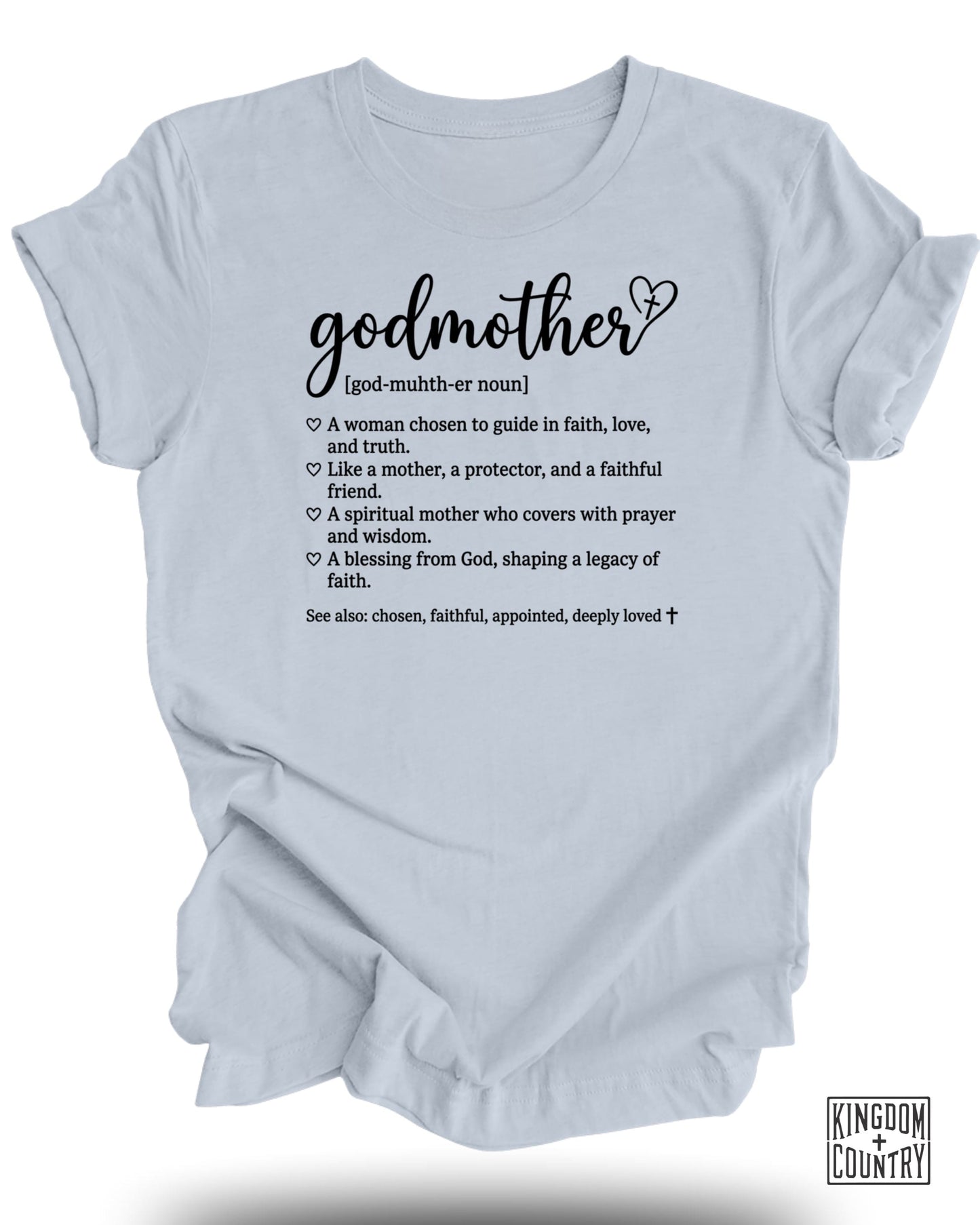 Light blue t-shirt with "Godmother" definition in black text.