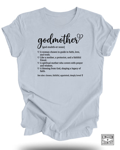 Light blue t-shirt with "Godmother" definition in black text.