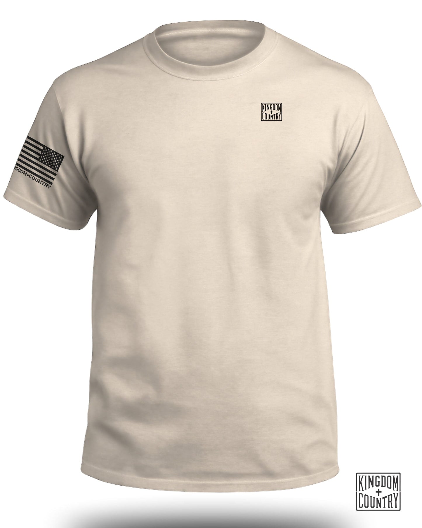 Cream t-shirt with Kingdom+Country logo on chest and sleeve flag.