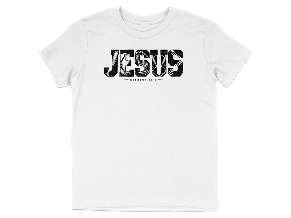 White t-shirt with black "JESUS" text filled with baseball imagery.