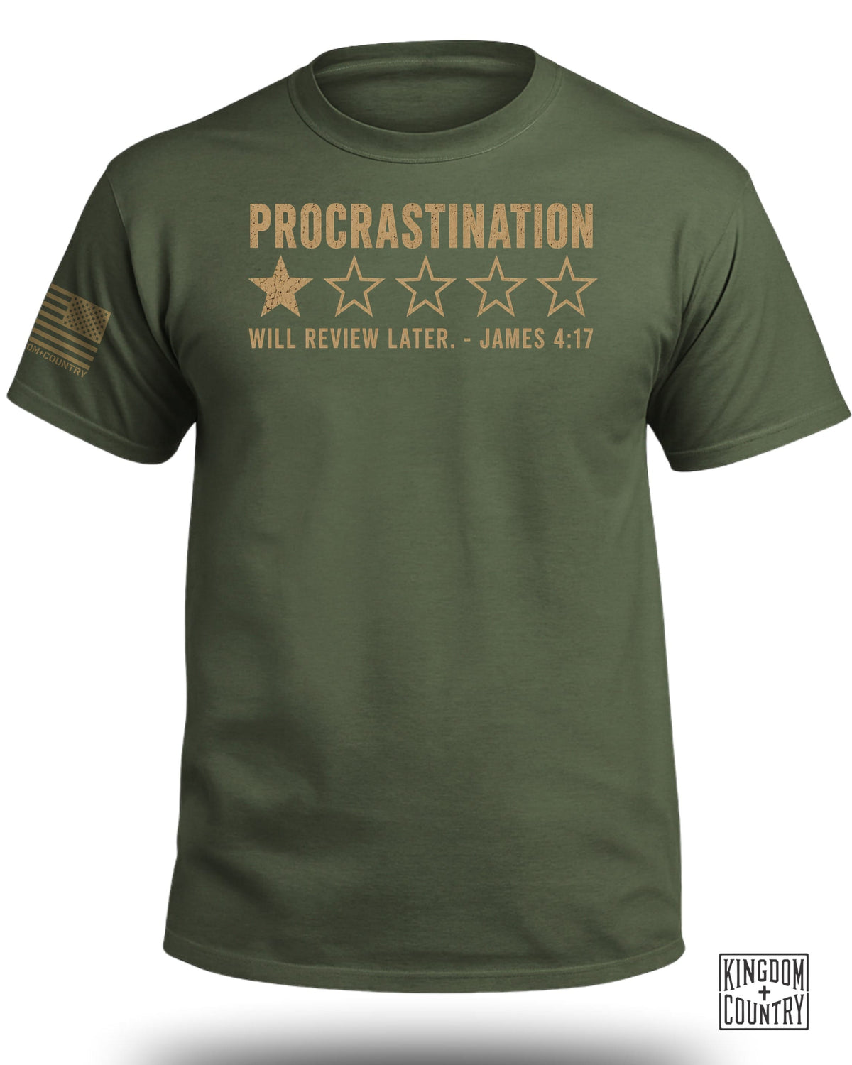 Green t-shirt with "Procrastination" text, one star, and "Will Review Later" quote.