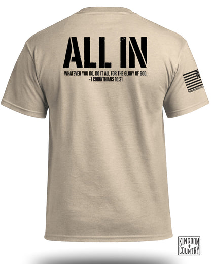 Tan t-shirt with "ALL IN" and scripture on back, "KINGDOM+CO" logo.