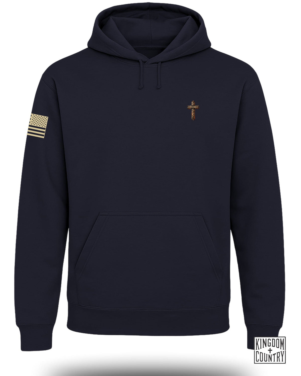 Navy blue hoodie with a wooden cross and "Daniel 3:25" on the chest.