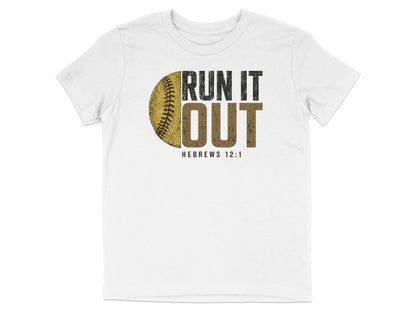 White t-shirt with a baseball graphic and the text "RUN IT OUT HEBREWS 12:1".