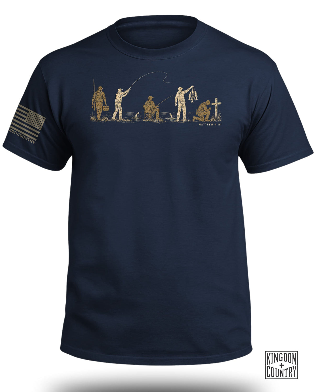 Navy t-shirt with a graphic depicting stages of fishing and a praying figure.