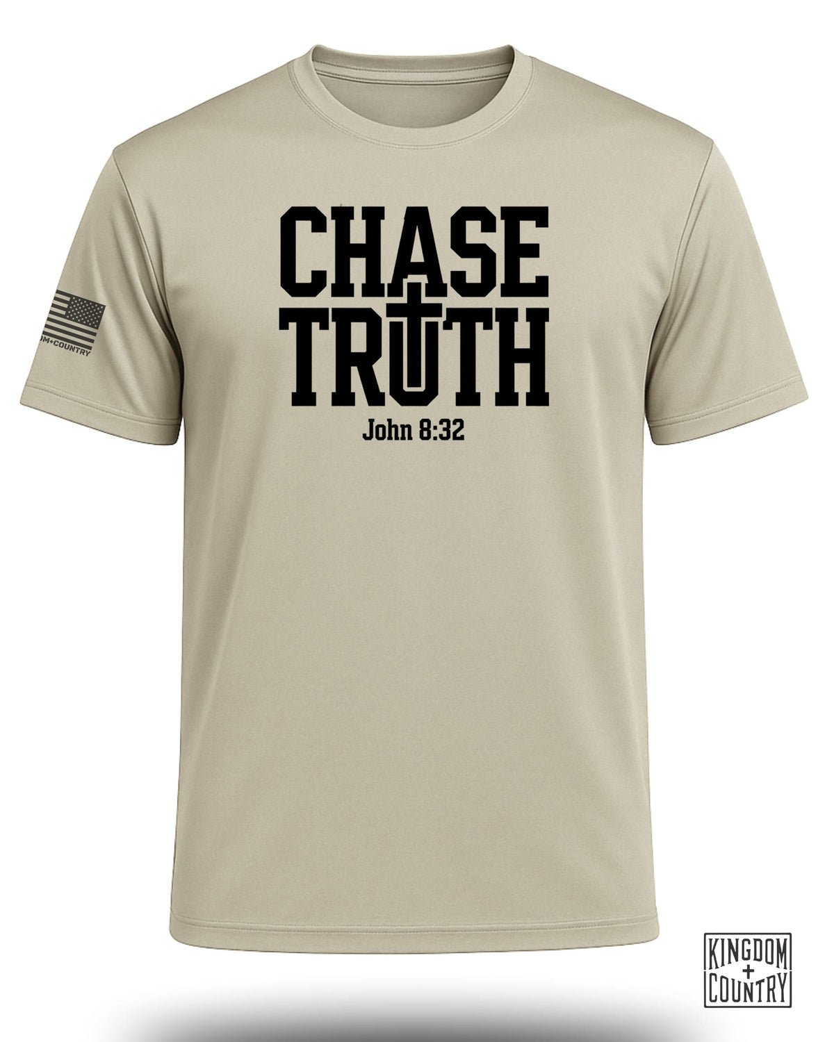 Tan t-shirt with "CHASE TRUTH" and "John 8:32" text.