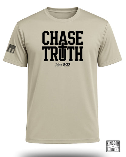 Tan t-shirt with "CHASE TRUTH" and "John 8:32" text.