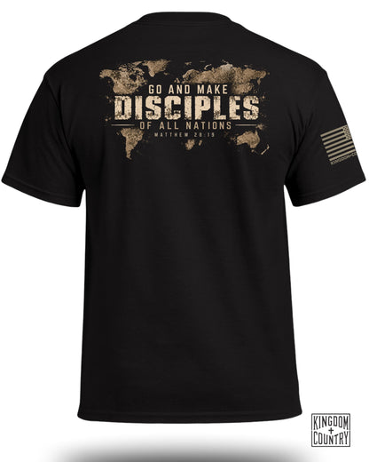 Back view of a black t-shirt featuring a world map graphic and the text Go and Make Disciples of All Nations Matthew 28:19.