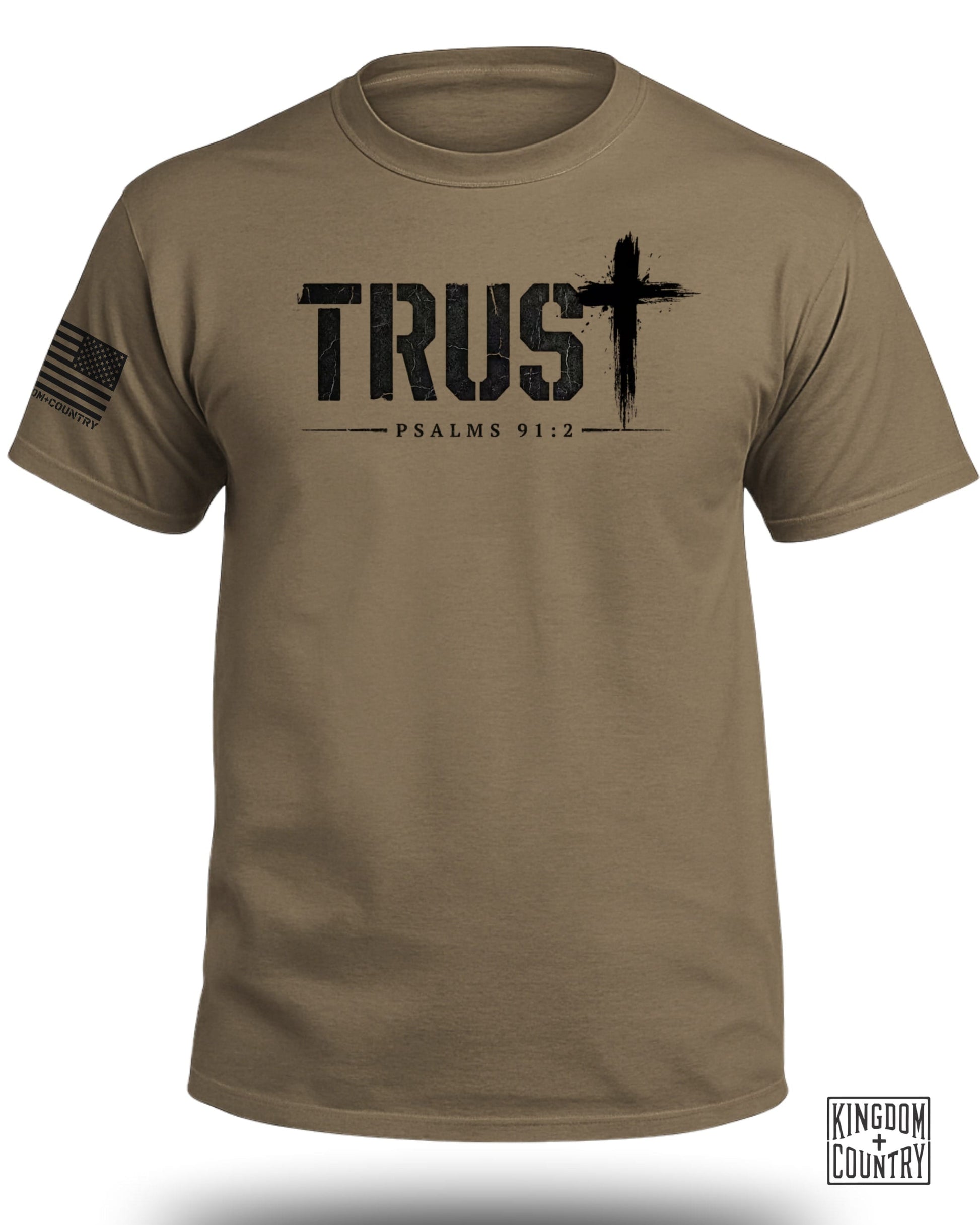 Khaki t-shirt with black "TRUST" text, cross graphic, and "PSALMS 91:2" scripture.