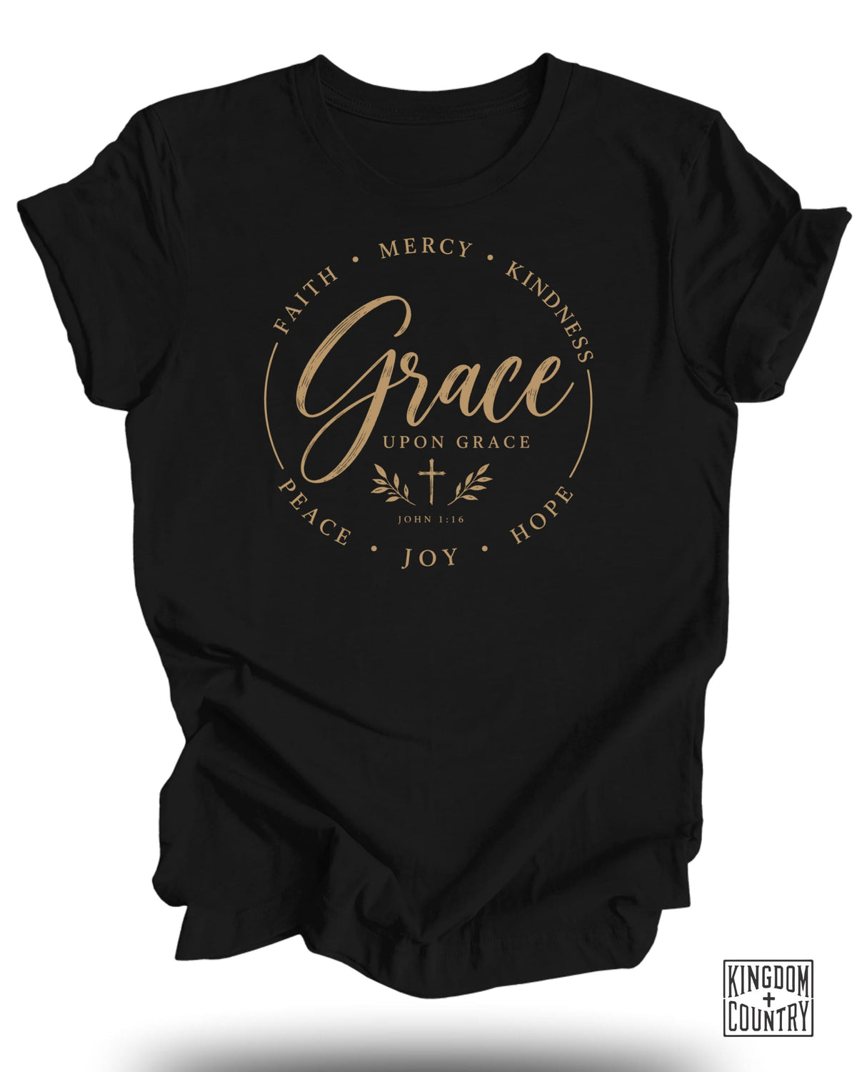 Black t-shirt with "Grace Upon Grace" text and Bible verse John 1:16.