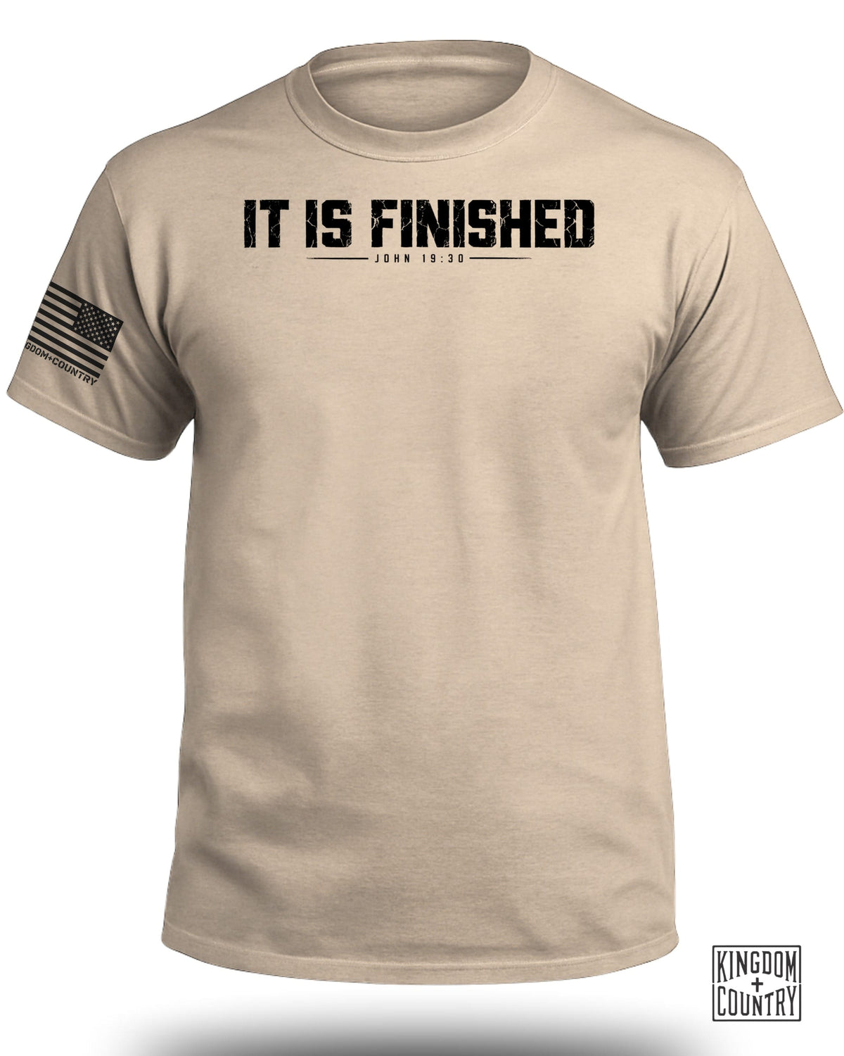 Tan t-shirt with black text "IT IS FINISHED JOHN 19:30" and US flag on sleeve.