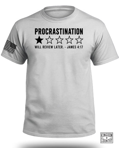 Light grey t-shirt with "Procrastination" and one filled star out of five.