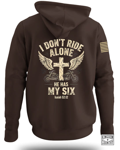 Brown hoodie with "I DON'T RIDE ALONE HE HAS MY SIX" and biblical text.