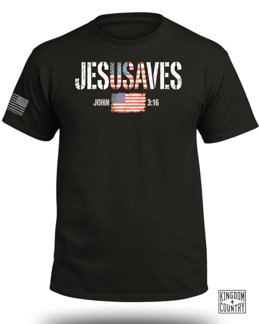Black t-shirt with "JESUS SAVES" and an American flag graphic.
