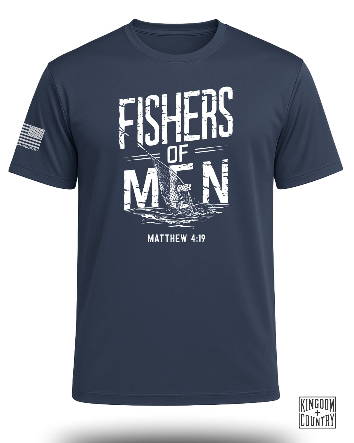 Navy t-shirt with "Fishers of Men Matthew 4:19" and a fishing net graphic.