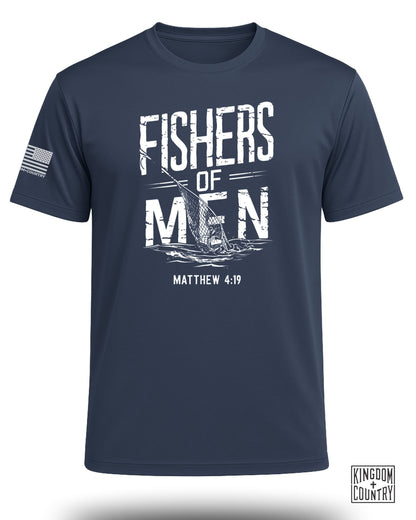 Navy t-shirt with "Fishers of Men Matthew 4:19" and a fishing net graphic.