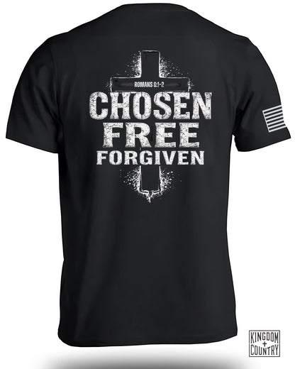 Romans 6:1-2 Chosen Free Forgiven black t-shirt product type
