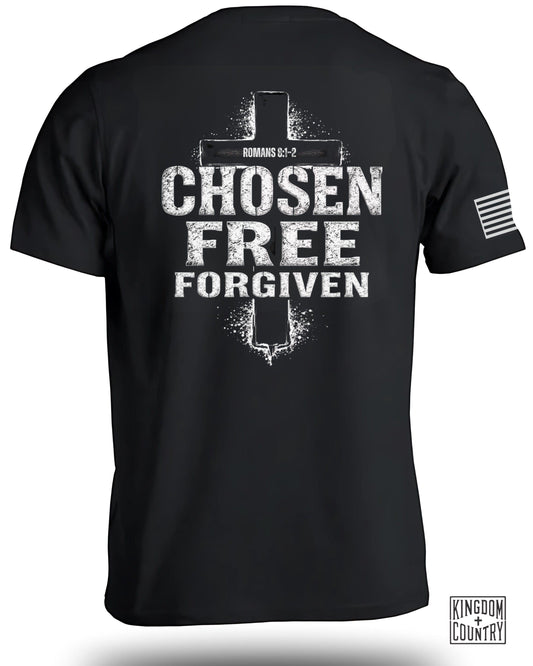 Romans 6:1-2 Chosen Free Forgiven black t-shirt product type