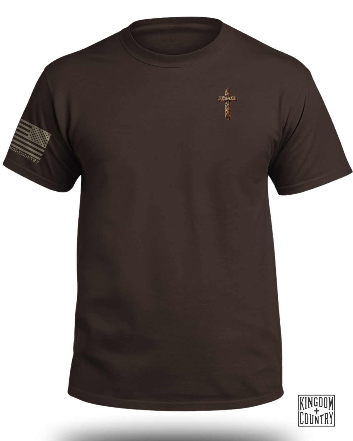 Brown t-shirt with American flag patch and cross with text "Daniel 3:25".