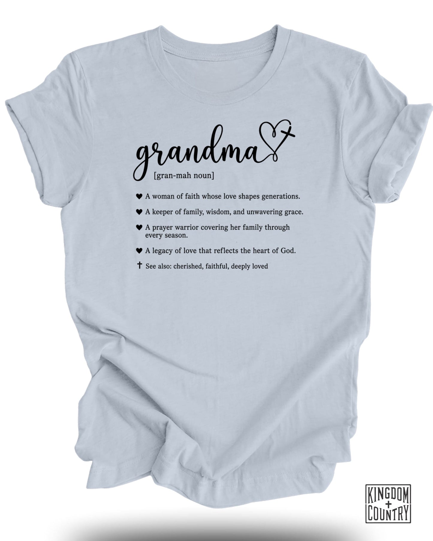 Light blue t-shirt with "Grandma" definition and inspirational quotes.