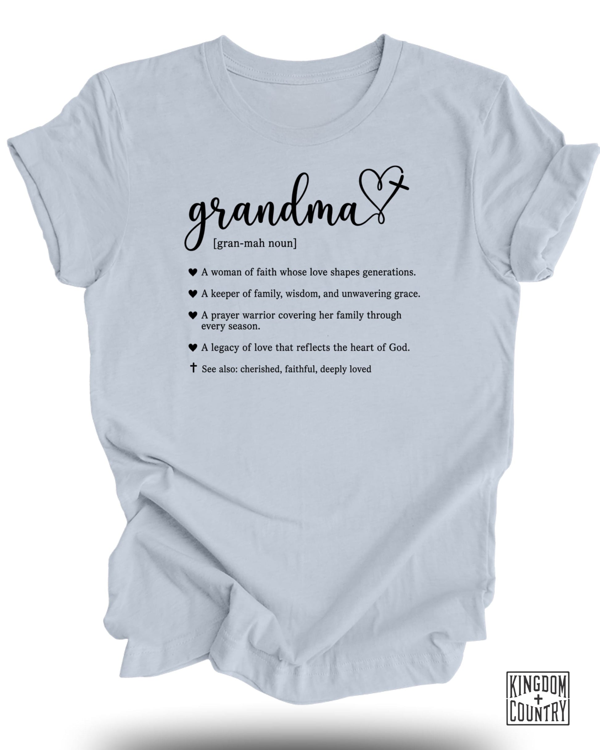 Light blue t-shirt with "Grandma" definition and inspirational quotes.