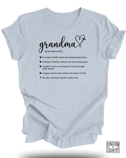Light blue t-shirt with "Grandma" definition and inspirational quotes.