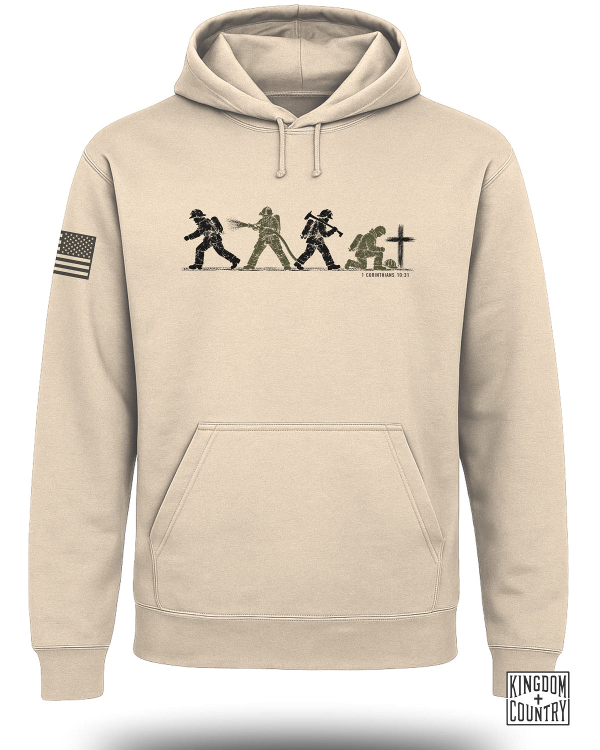 A tan hooded sweatshirt featuring a firefighter graphic on the chest and an American flag on the sleeve.