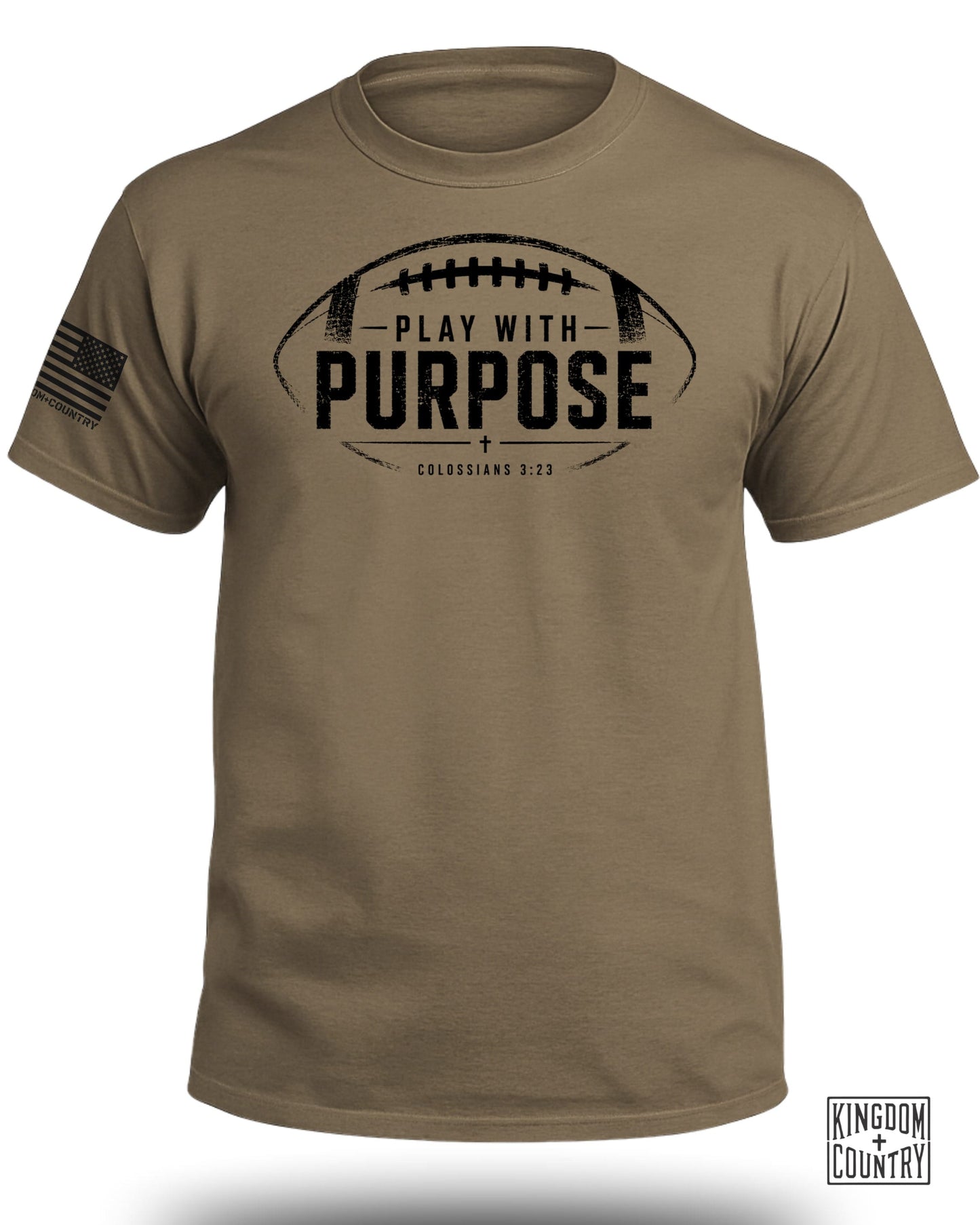 T-shirt with distressed football graphic reading "PLAY WITH PURPOSE" and "COLOSSIANS 3:23".