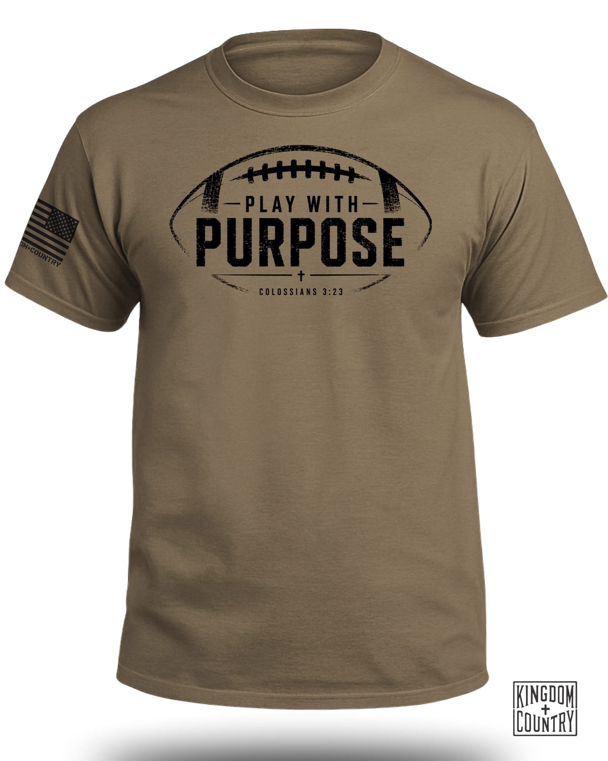 T-shirt with distressed football graphic reading "PLAY WITH PURPOSE" and "COLOSSIANS 3:23".