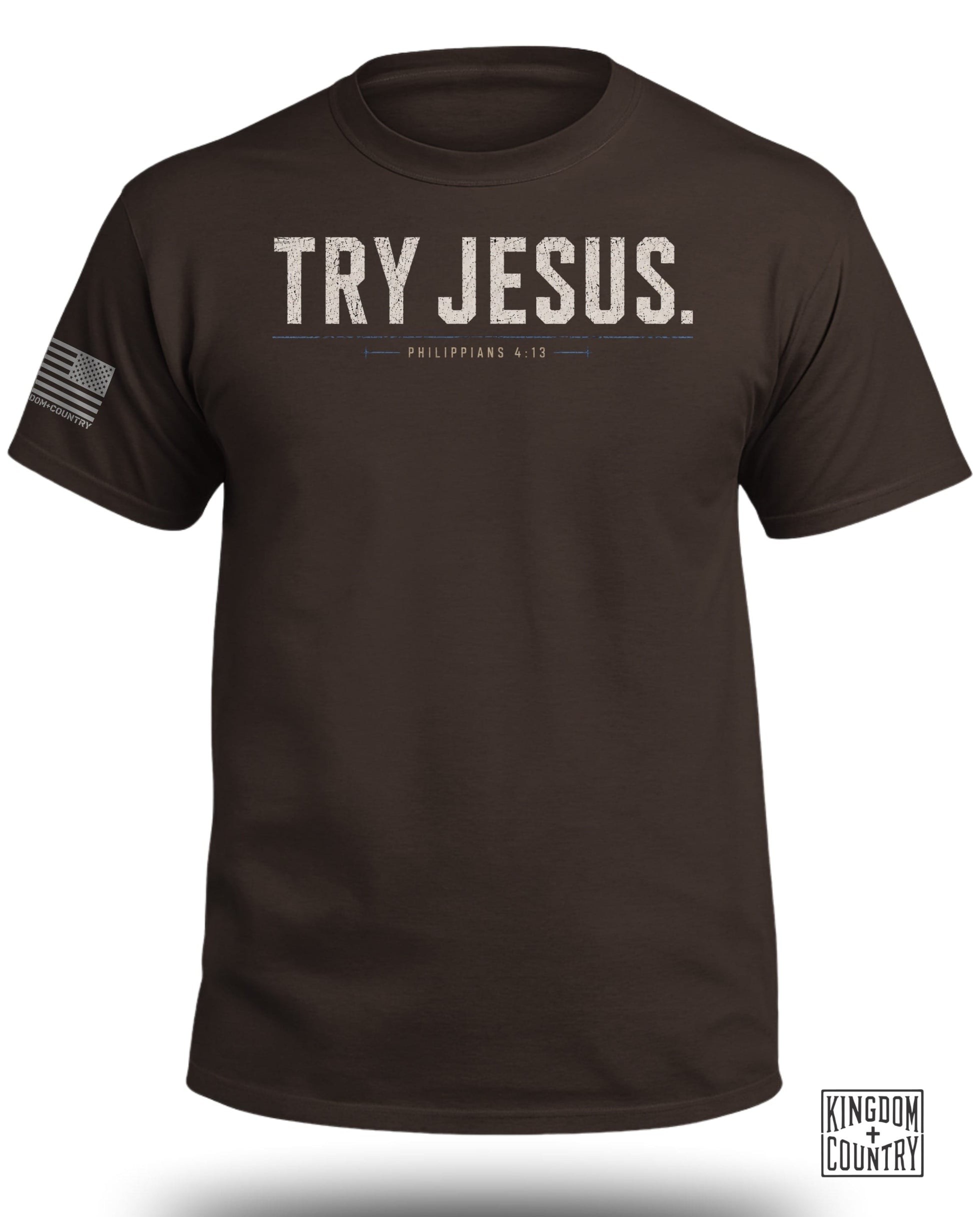 Brown t-shirt with "TRY JESUS. PHILIPPIANS 4:13" text and US flag graphic
