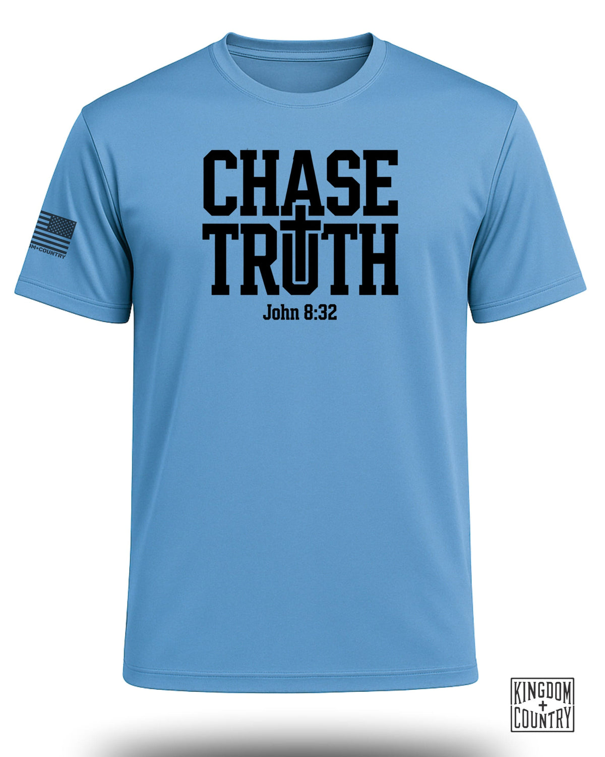 Light blue t-shirt with "CHASE TRUTH" and "John 8:32" text, and an American flag on the sleeve.