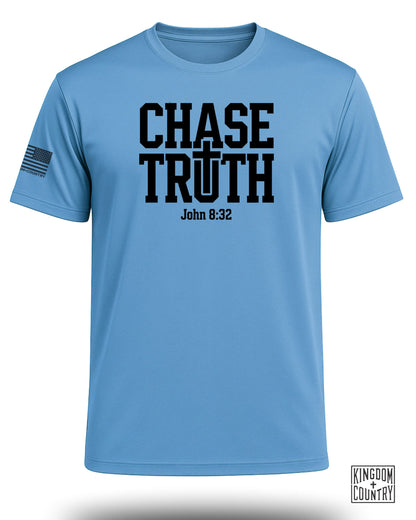 Light blue t-shirt with "CHASE TRUTH" and "John 8:32" text, and an American flag on the sleeve.