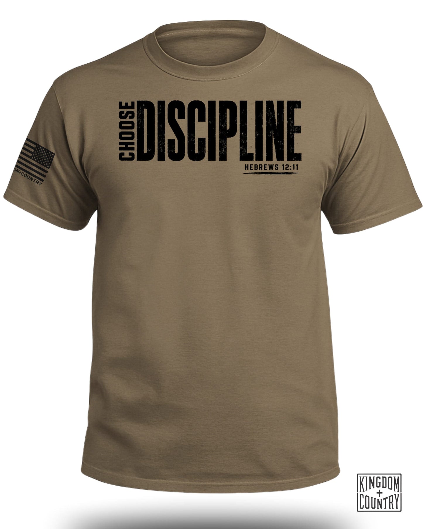 Tan t-shirt with "CHOOSE DISCIPLINE" in black text and "HEBREWS 12:11" below.