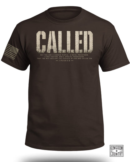 Brown t-shirt with "CALLED" and Bible verse 1 Peter 2:9 printed on it.