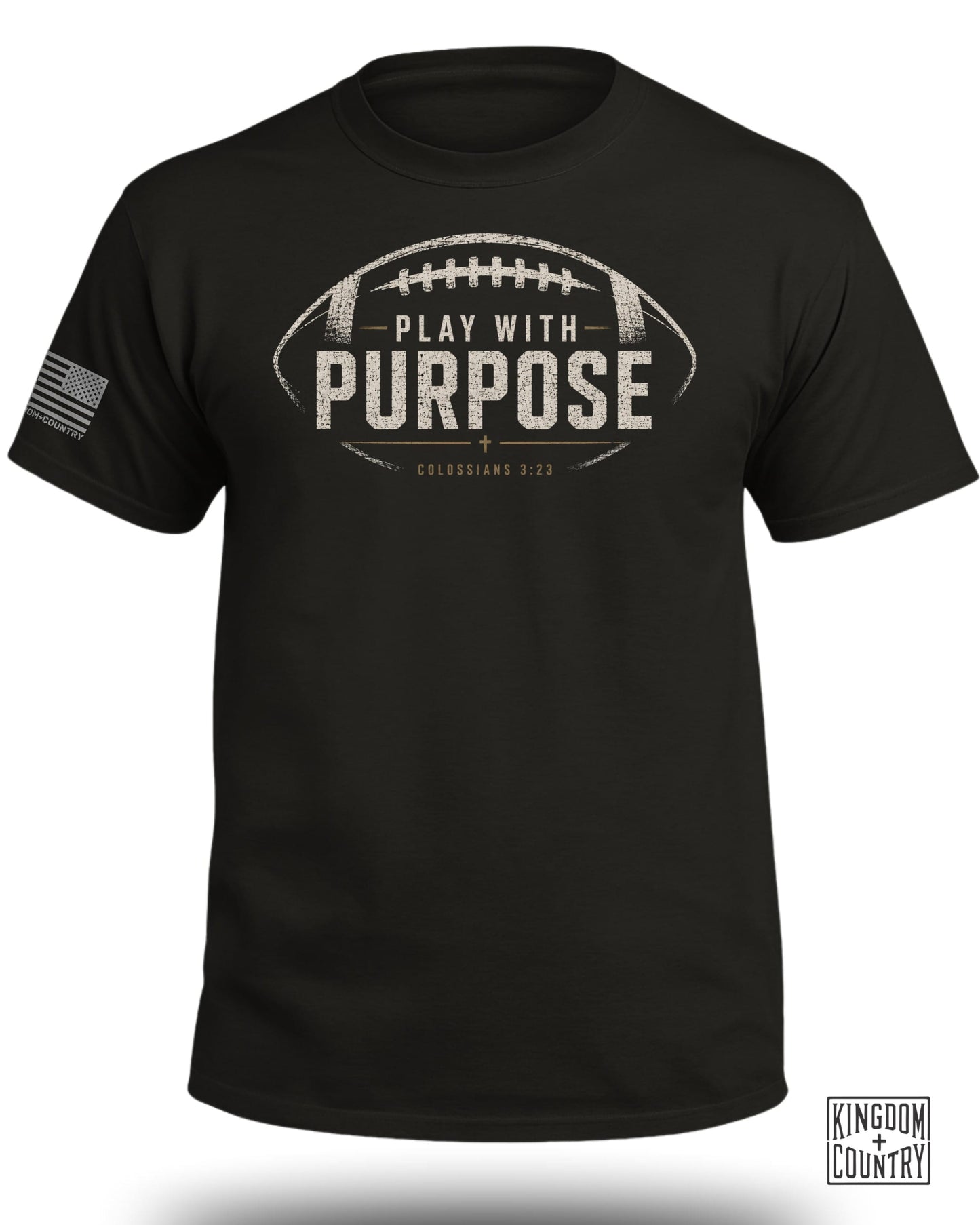 Black t-shirt with a distressed football graphic and the text "PLAY WITH PURPOSE COLOSSIANS 3:23".