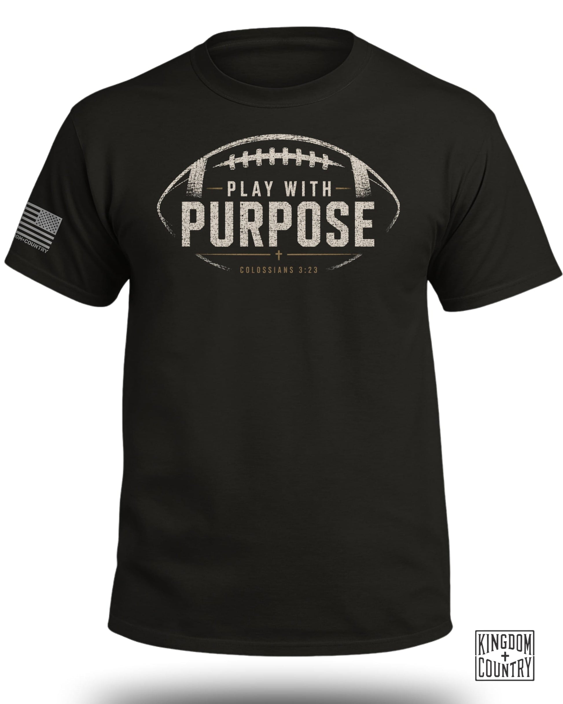 Black t-shirt with a distressed football graphic and the text "PLAY WITH PURPOSE COLOSSIANS 3:23".