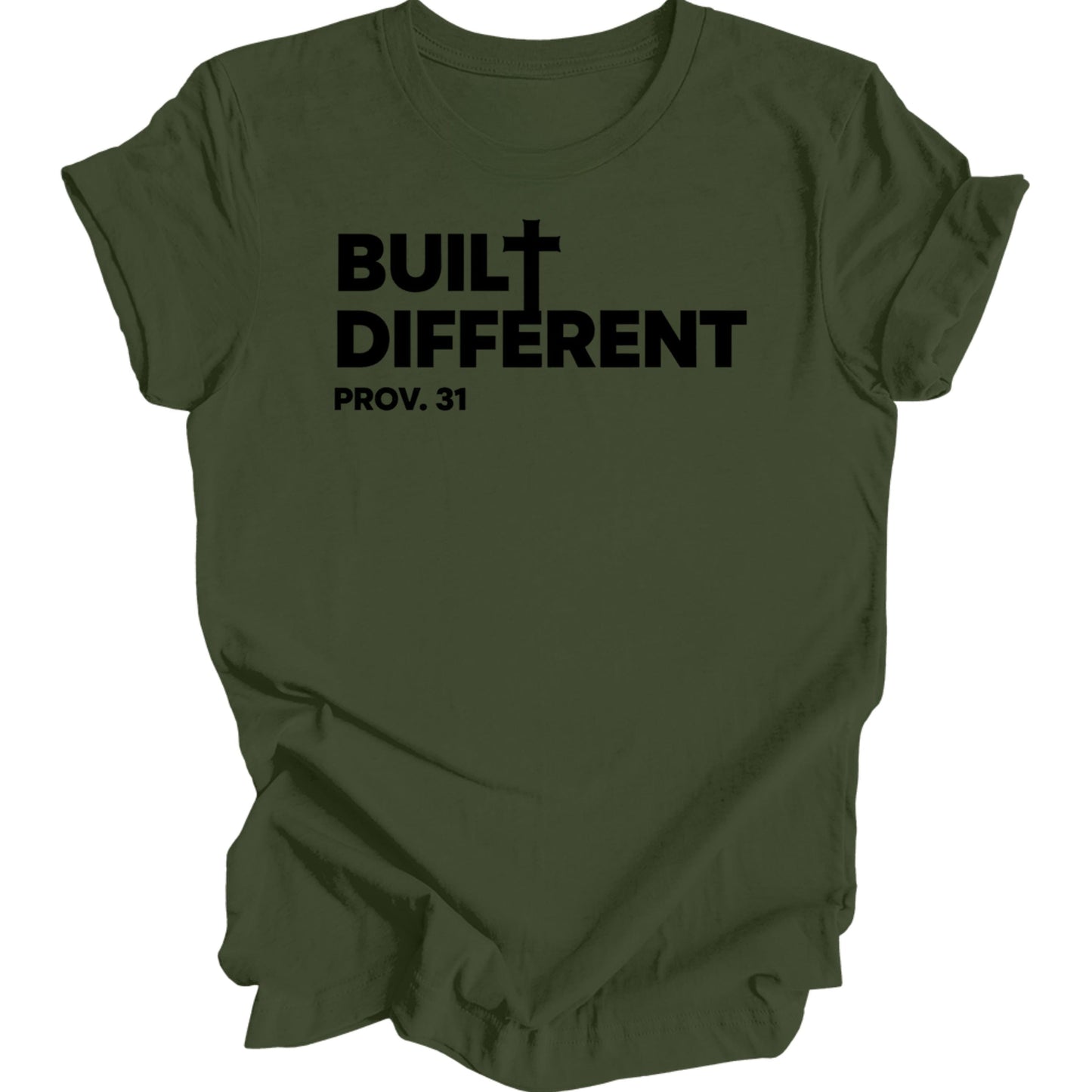 Olive green t-shirt with black text "BUILT DIFFERENT PROV. 31".