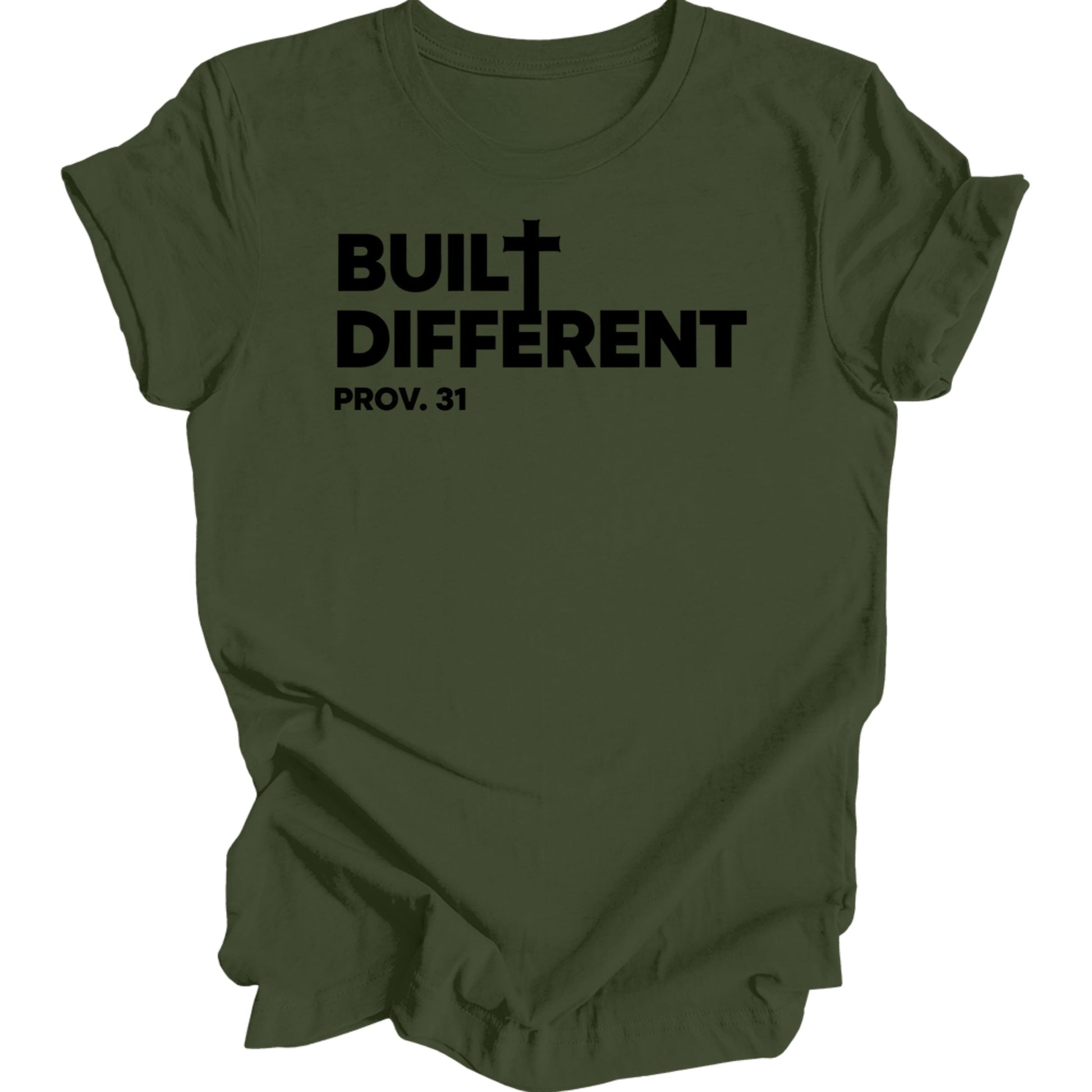 Olive green t-shirt with black text "BUILT DIFFERENT PROV. 31".