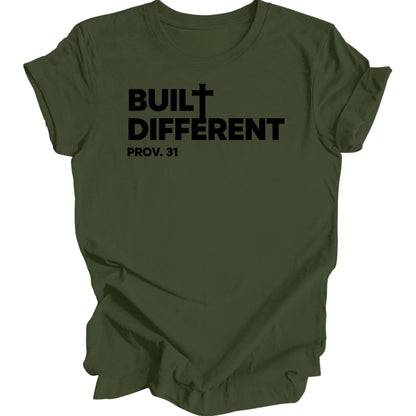 Olive green t-shirt with black text "BUILT DIFFERENT PROV. 31".