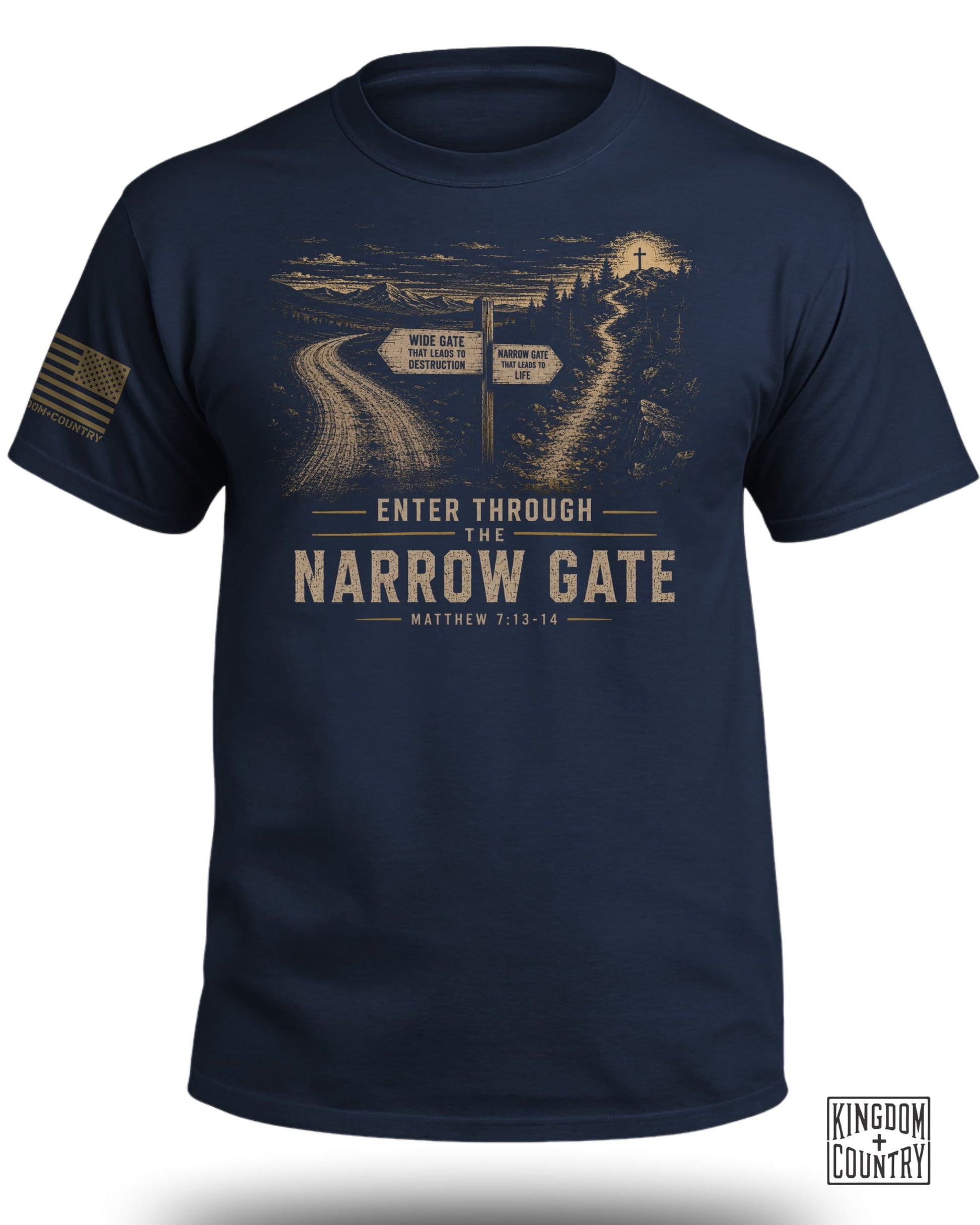 Navy t-shirt with graphic depicting two paths, "Wide Gate" and "Narrow Gate," and text "Enter Through the Narrow Gate."