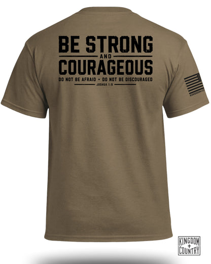 T-shirt with text "Be Strong And Courageous" and "Joshua 1:9".