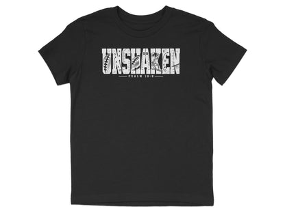 Black t-shirt with "UNSHAKEN" and "PSALM 16:8" text featuring football elements.