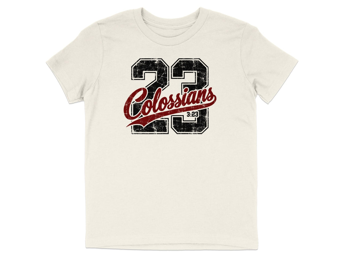 Cream t-shirt with distressed "23 Colossians 3:23" graphic print.