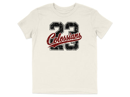 Cream t-shirt with distressed "23 Colossians 3:23" graphic print.