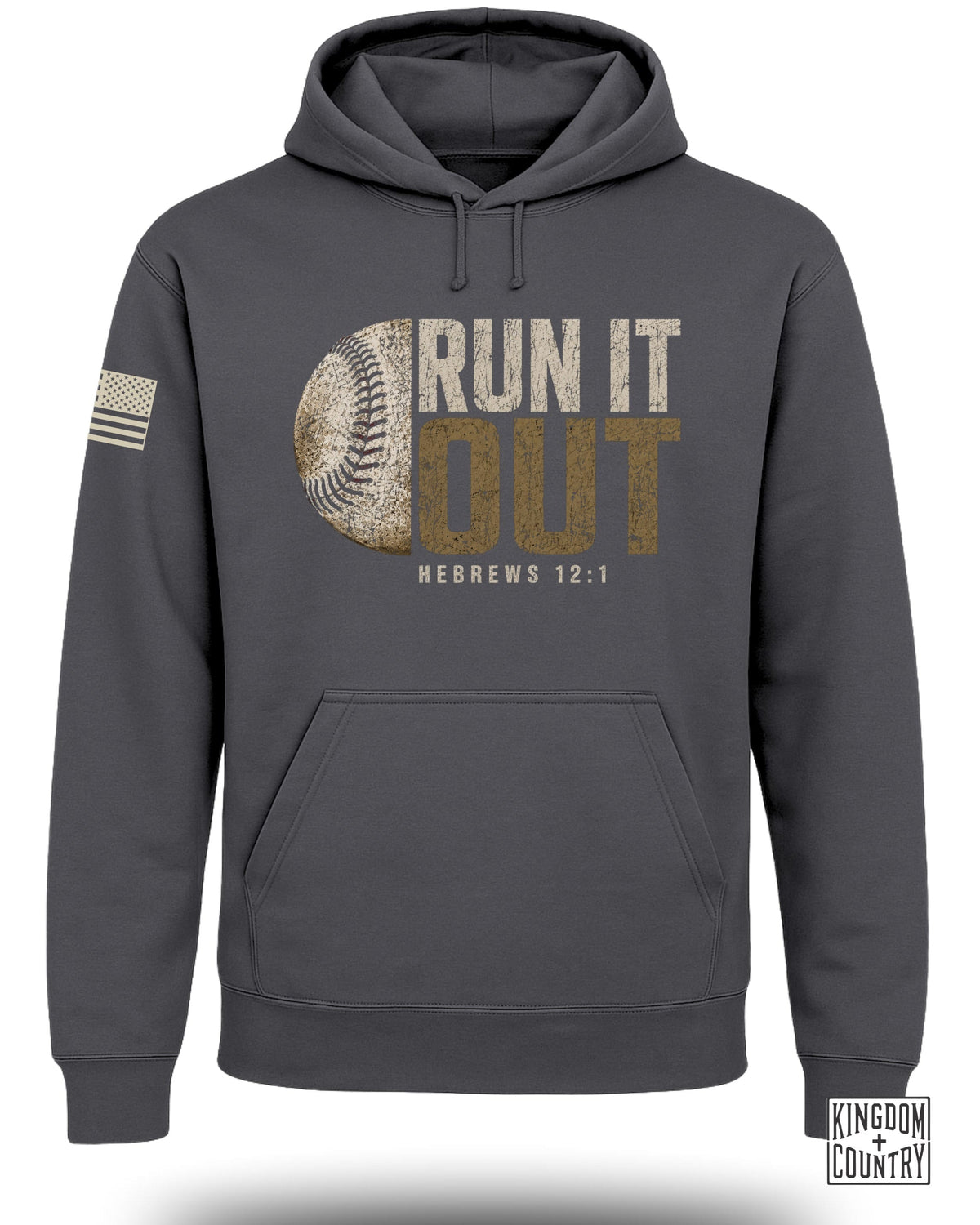 Dark gray hoodie with baseball graphic and text "RUN IT OUT HEBREWS 12:1".