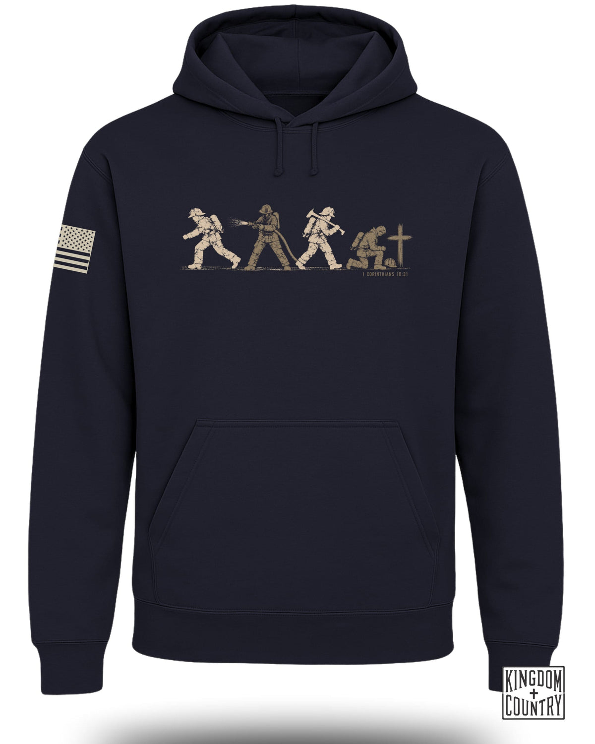 A dark blue hooded sweatshirt featuring a firefighter graphic on the chest and an American flag patch on the sleeve.