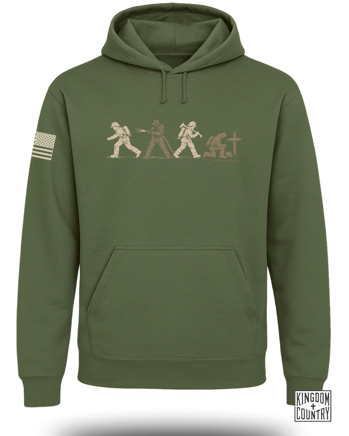 Olive green hoodie with a chest graphic of firefighters and an American flag on the sleeve.