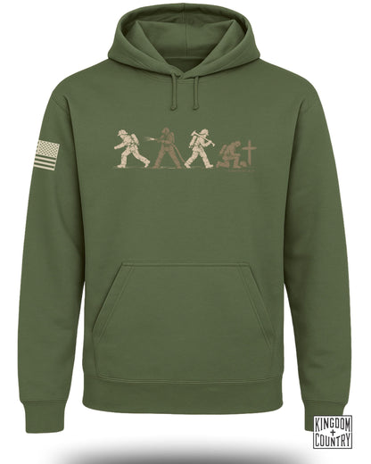 Olive green hoodie with a chest graphic of firefighters and an American flag on the sleeve.